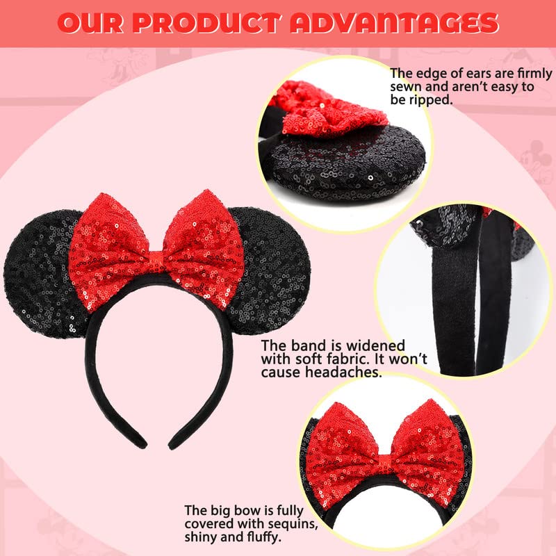 ETLUK Mouse Ears Headband, Mouse Ears Sequin Bow Headbands for Women Girls, Cosplay Accessories Party Decorations (Red Bow) - Image 5